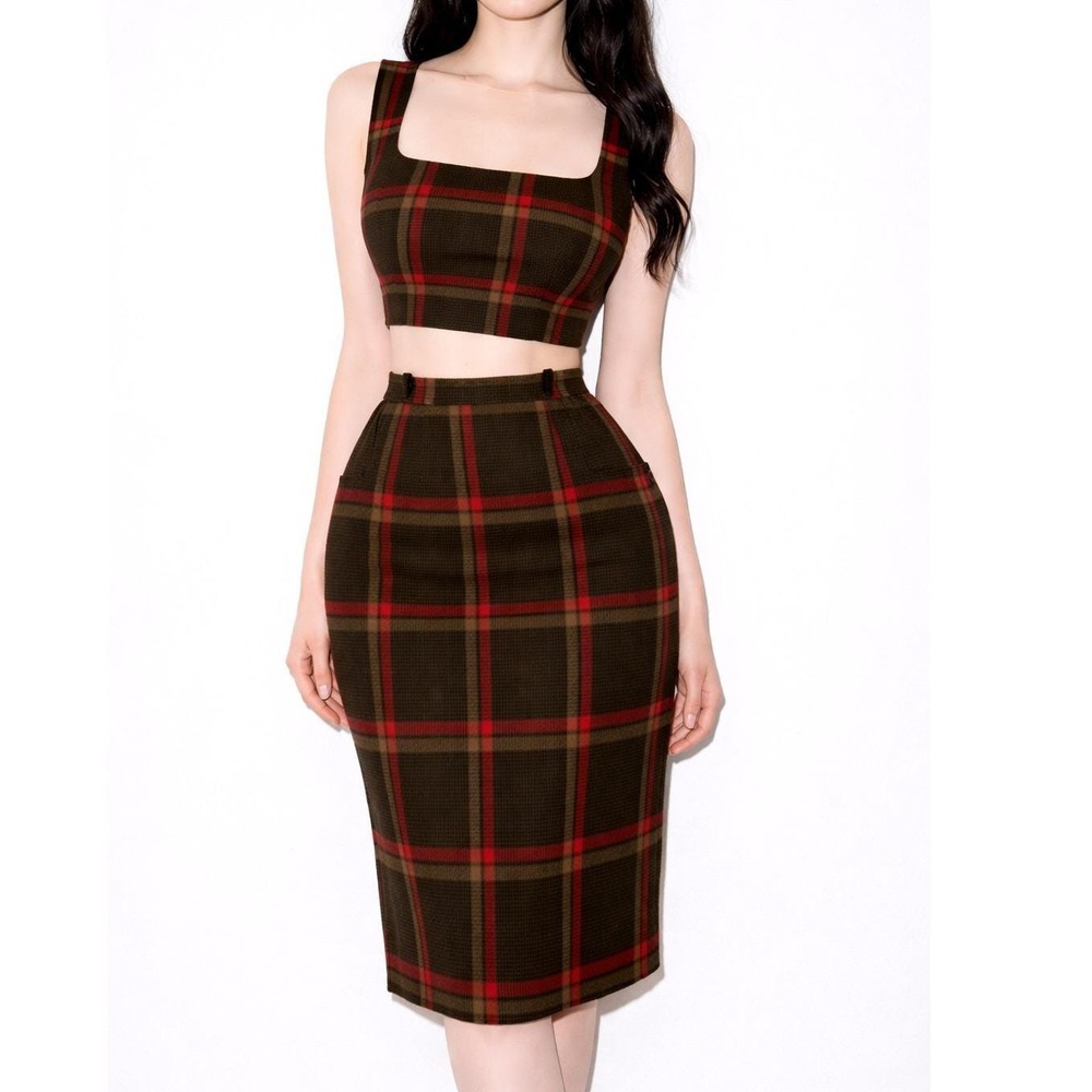 70s Vintage Plaid Wool Midi Pencil Skirt Womens 2 High Waist Red Brown Mod Casua